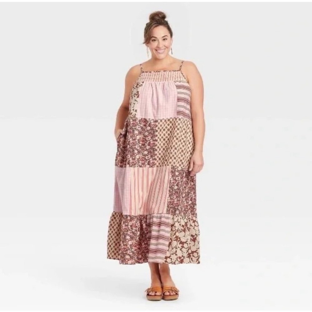 Universal Thread Womens 2X Patchwork Maxi Dress Pink Brown Floral Cotton NWT
